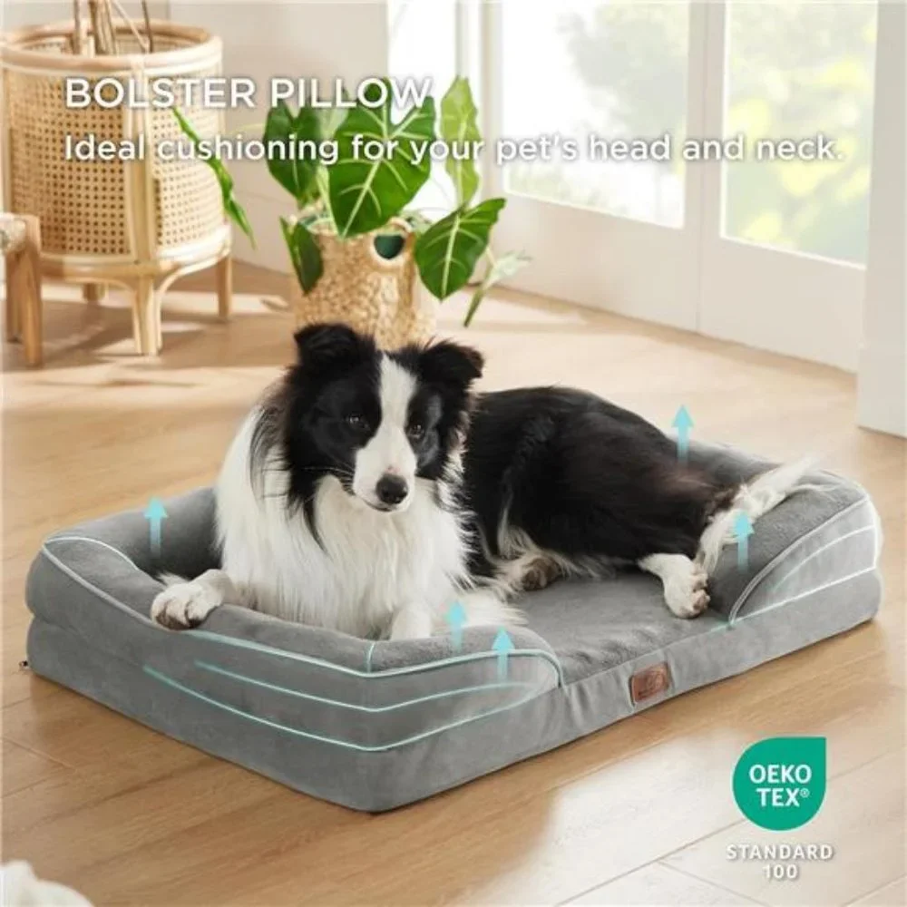 Orthopedic Dog Bed - Washable Dog Sofa Bed Large with Waterproof Lining, Grey